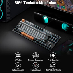 TERPORT TR95 TKL Teclado Mecánico Español de 88 Teclas, Teclado Gamer de Retroiluminación Azul y Luces RGB Laterales